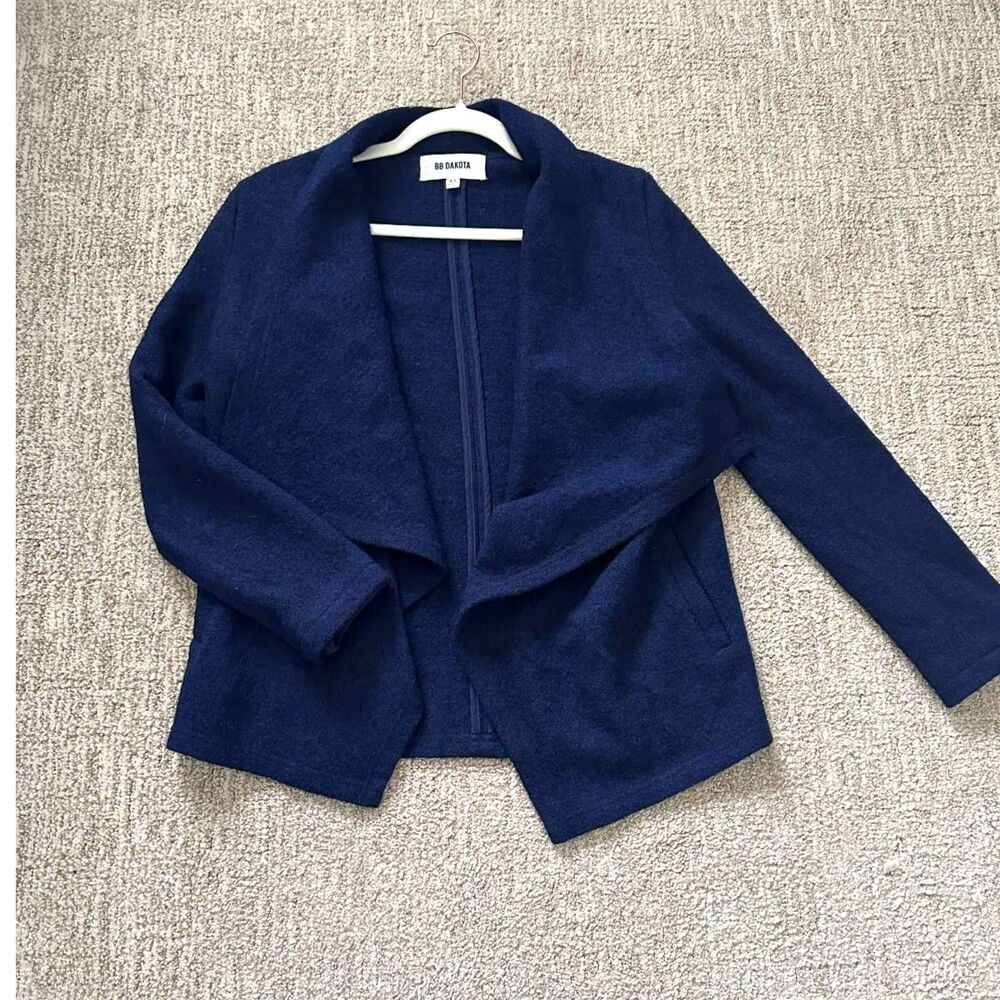 BB Dakota Navy Blue Wool Blend Draped Waterfall Open Front Blazer- Size XS - Picture 3 of 8